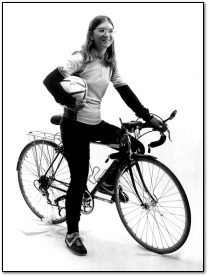 Carol Shaw with bicycle, 1983