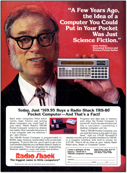 Isaac Asimov promotes the TRS-80 Pocket Computer - Magazine Ad - 1982