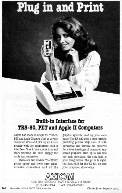AXIOM EX-801 EX-820 printer card TRS-80, Commodore PET, Apple II advertisement - BYTE November 1979