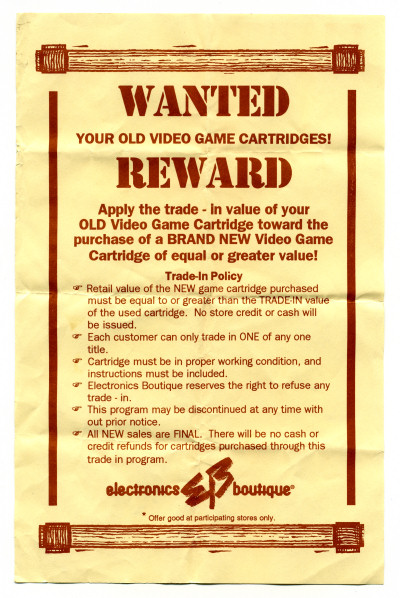 Electronics Boutique Used Games Wanted Reward Flyer Flier - circa 1994