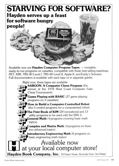 Hayden Book Company Computer Program Tapes Software Sargon Game Playing with BASIC How to Build a Computer-Controlled Robot The First Book of KIM General Math Complex and Matrix Math Introductory Engineering Math advertisement scan - 1979