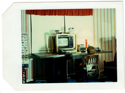 Jeremy playing Slime on Atari 800 in his room - personal family photo polaroid - January 14 1983