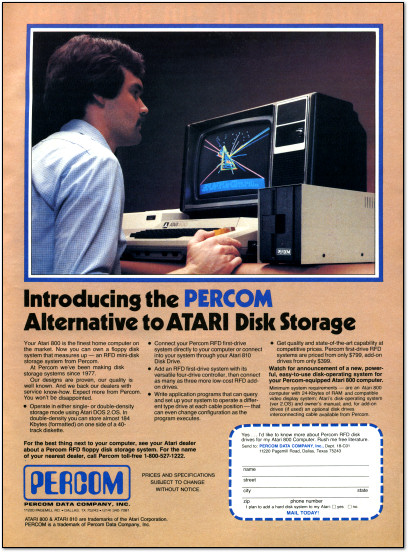 Percom Atari 800 Disk Drives RFD Mini Disk Storage System Ad - 1982