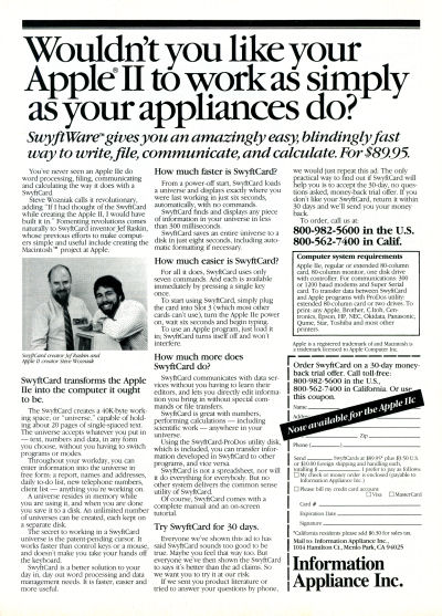 Jef Raskin Steve Wozniak Information Appliance Swyft Card SwyftCard Apple II advertisement  - Personal Computing - March 1986