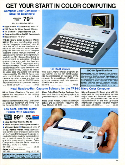 Radio Shack TRS-80 MC-10 micro color computer catalog page - 1984