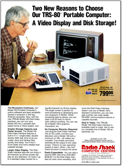 Radio Shack TRS-80 Model 100 Disk-Video Interface Ad - 1984