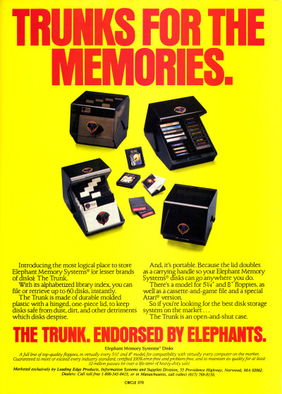 Elephant Memory Systems Trunk Floppy Disk Storage Box ad - 1983