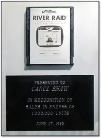 Carol Shaw's Platinum River Raid Cartridge for 100000 units sold, 1983