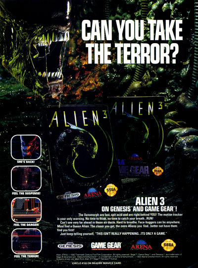 Arena Entertainment Alien 3 for Sega Genesis and Game Gear advertisement scan - 1992