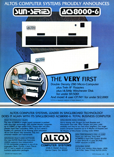 Altos Computer Systems ACS8000-6 and Sun-Series ad - 1979