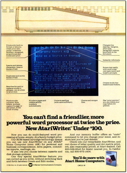 AtariWriter Atari 800 Word Processor Advertisement - 1980