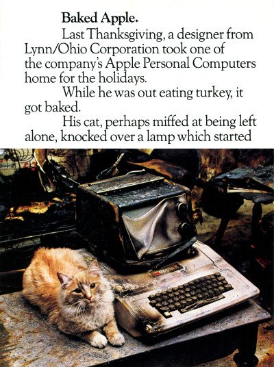 Baked Apple Melted Burned Apple II computer with cat house fire Ad - 1982