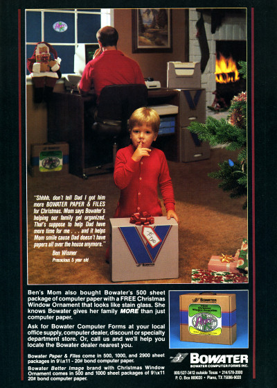 Bowater Computer Forms Inc. Bowater Paper and Files Computer Printer Paper Christmas Ad Advertisement- 1985