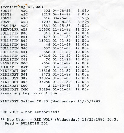 The Cave BBS first log file - RedWolf PC Plus Minihost - 1992