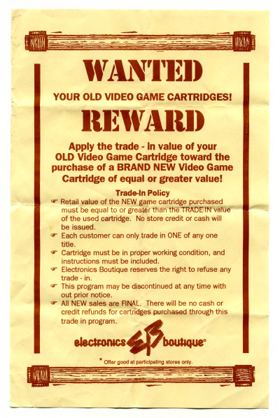 Electronics Boutique Used Games Wanted Reward Flyer Flier - circa 1994