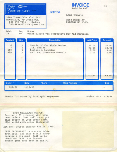 Epic MegaGames Shareware Registration Invoice - 1996