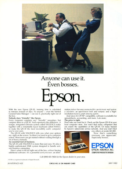 Epson QX-10 Personal Computer Boss Secretary Pulling Tie CPM advertisement - 1983