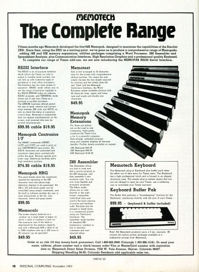 Memotech Sinclair ZX81 Timex-Sinclair 1000 expansion modules advertisement - 1983