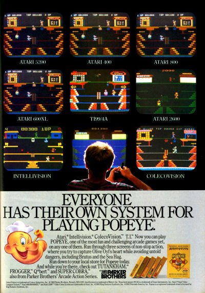 Parker Brothers Popeye multi-system screens advertisement - 1983