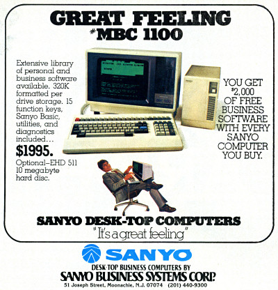 Sanyo MBC-1100 Desk-Top Business Computer Ad, Sanyo EHD 511 Hard Disk - 1983