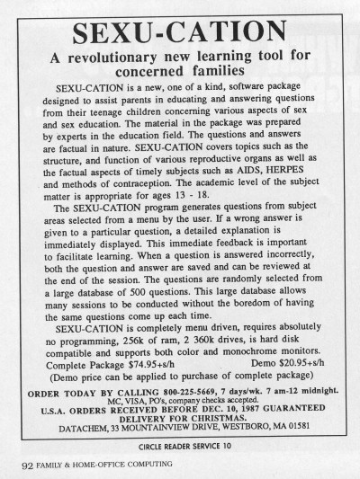 Datachem Sexu-Cation Sex education software - 1987