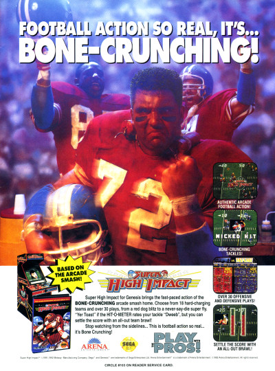 Super High Impact Football Game Sega Genesis Arcade Ad Advertisement Scan - 1992