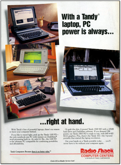 Tandy Laptops - Tandy 1100FD - Tandy 1500 HD - Tandy 2800 HD - Tandy 102 Advertisement - 1990