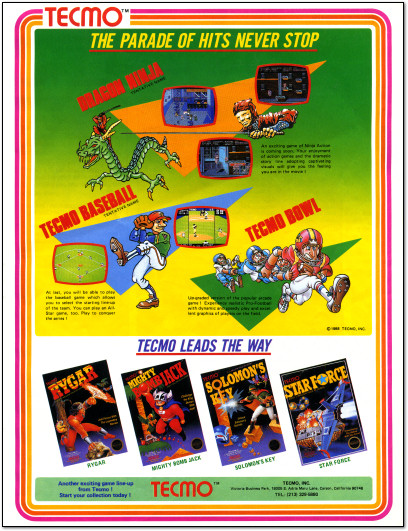 Tecmo NES Games Advertisement - Tecmo Bowl - Tecmo Baseball - Dragon Ninja - Mighty Bomb Jack - Rygar - Solomon's Key - Star Force - 1988