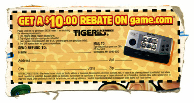 Tiger Game.com handheld game console $10 rebate coupon from back of cereal box - 1997-1998