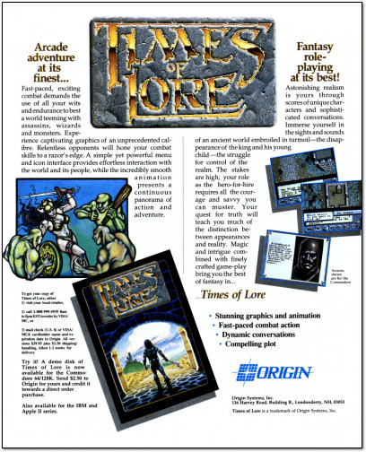 Origin Times of Lore RPG for Commodore 64 Ad - 1988