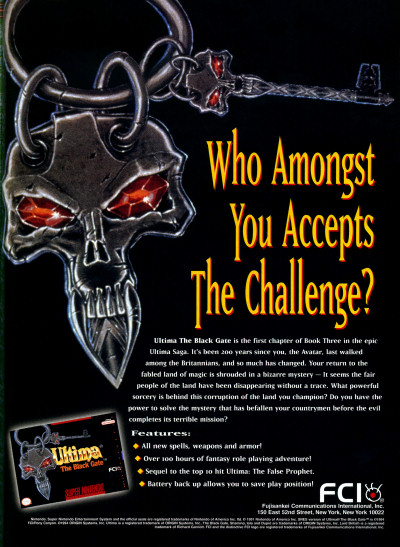 Origin FCI Pony Ultima The Black Gate for SNES Super NES Ultima VII port advertisement - 1994