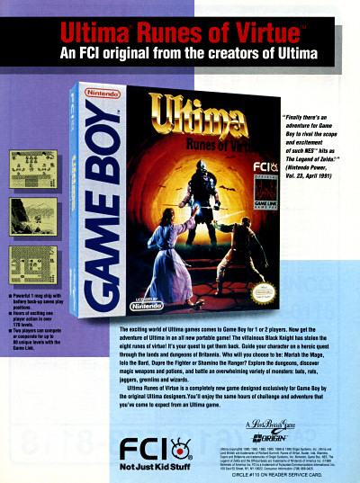 Origin FCI Ultima Runes of Virtue for Game Boy ad - 1991