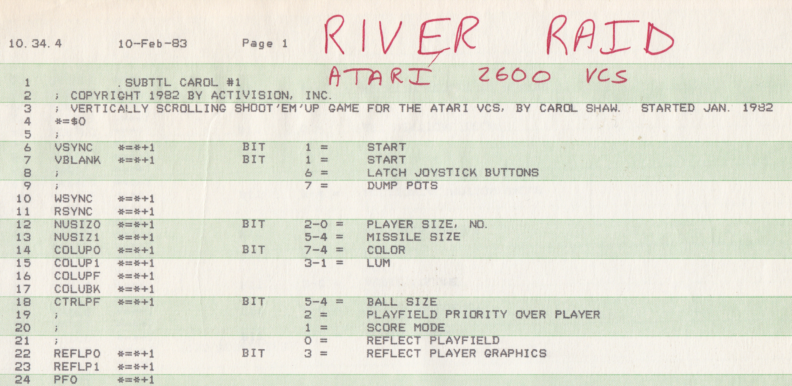 Carol Shaw's River Raid Atari 2600 Source Code Photo