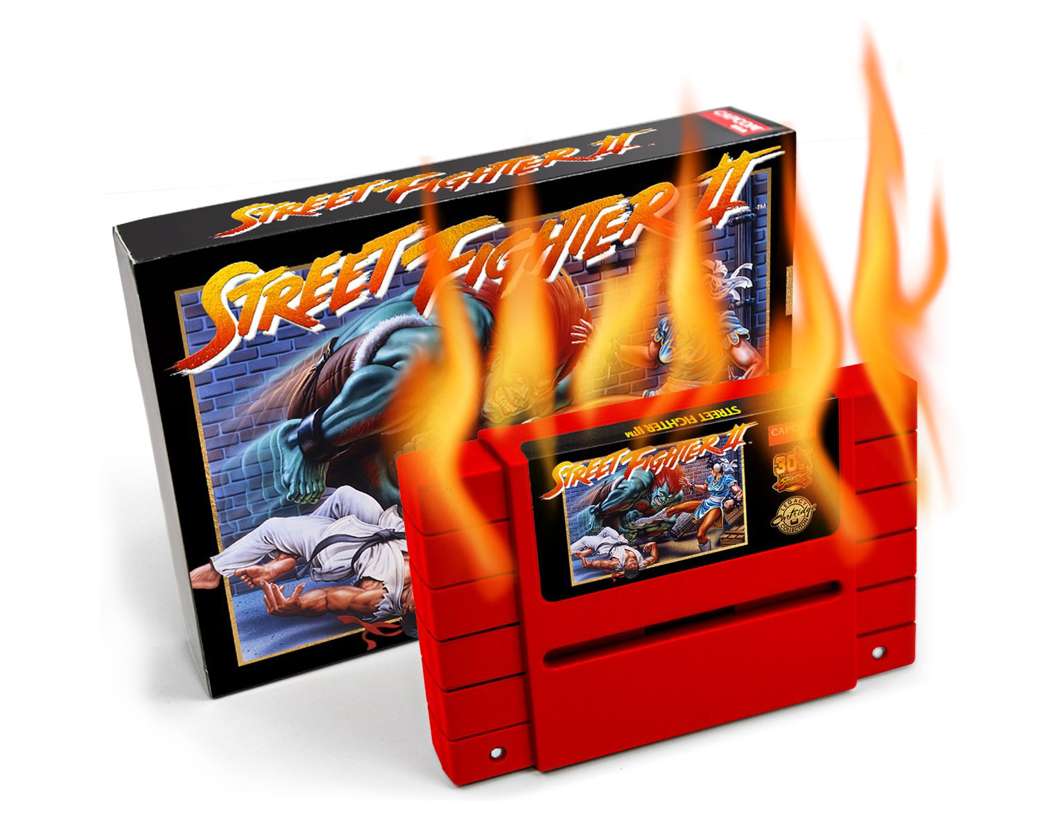 iam8bit Street Fighter II limited edition reproduction cartridge is a fire hazard on fire