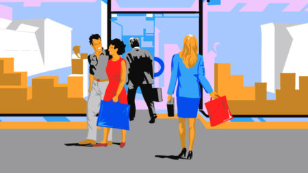 1990s Clip Art of a Woman Walking into a Store